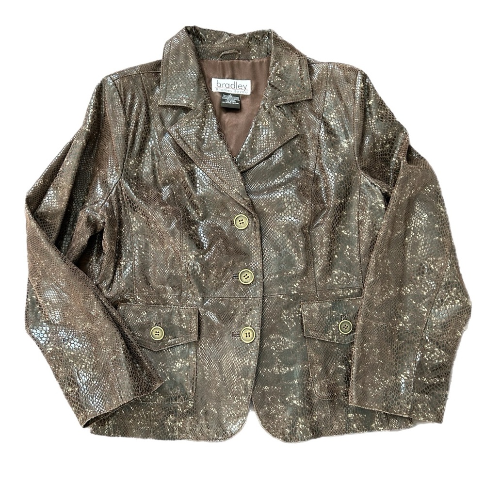 BRADLEY Bayou Brown Textured Genuine Leather Blazer Jacket button pockets